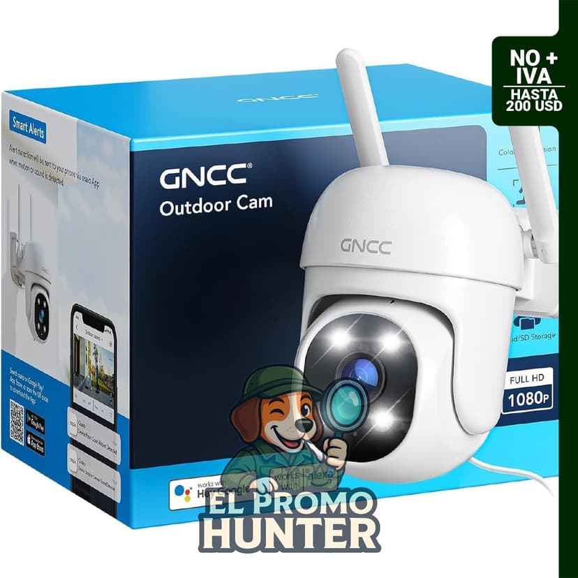 Cámara de seguridad exterior GNCC 1080P PTZ, con visión nocturna y detección de movimiento.