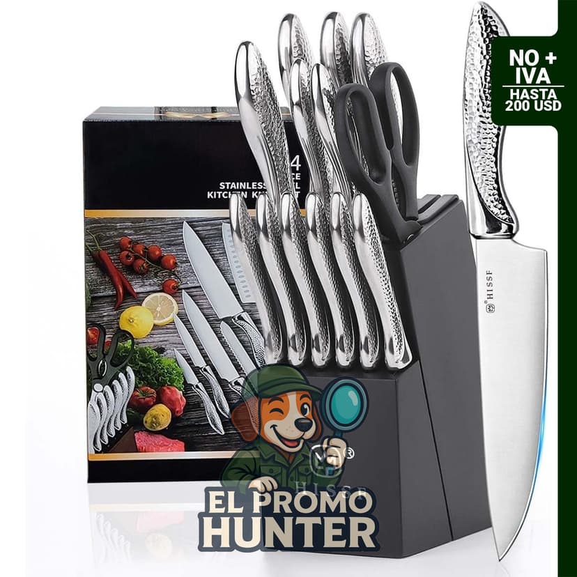 Juego de cuchillos de cocina de 14 piezas con afilador integrado, acero inoxidable de alto carbono.