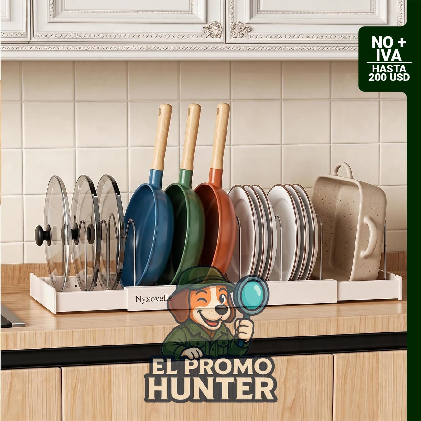 Organizador ajustable de ollas con 9 divisores de acero inoxidable para almacenamiento en la cocina.