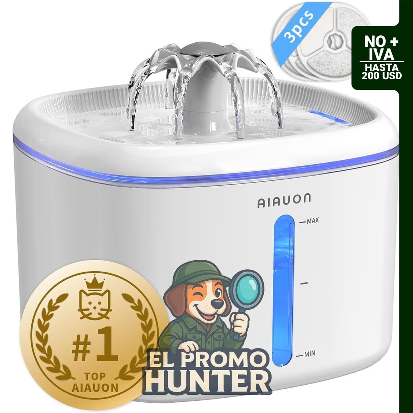 Fuente de agua para gatos de 2.5 L (84 oz) con bomba silenciosa y luz LED azul.