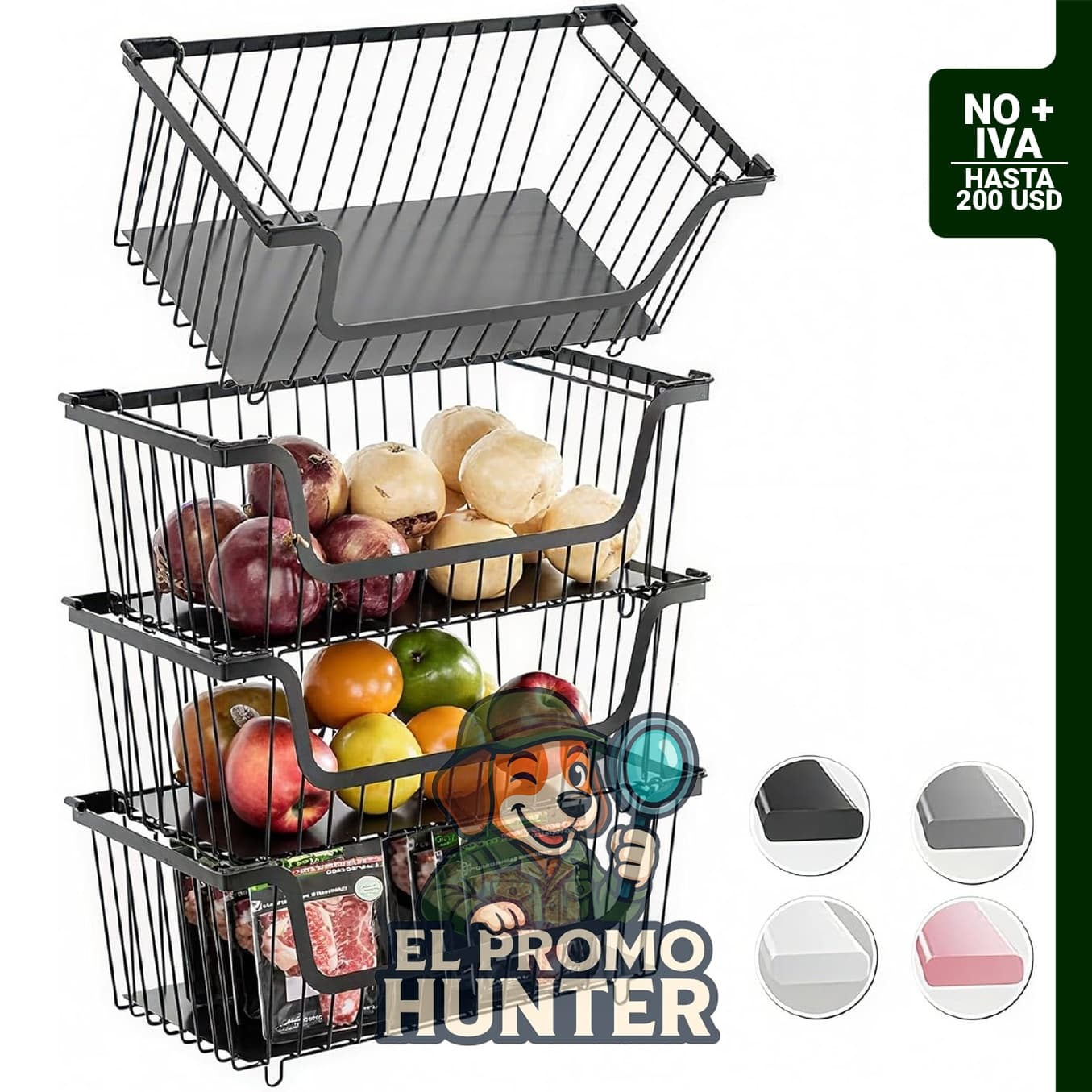 Cestas metálicas apilables para almacenamiento en despensa, paquete de 4, diseño de metal transpirable con mango giratorio.