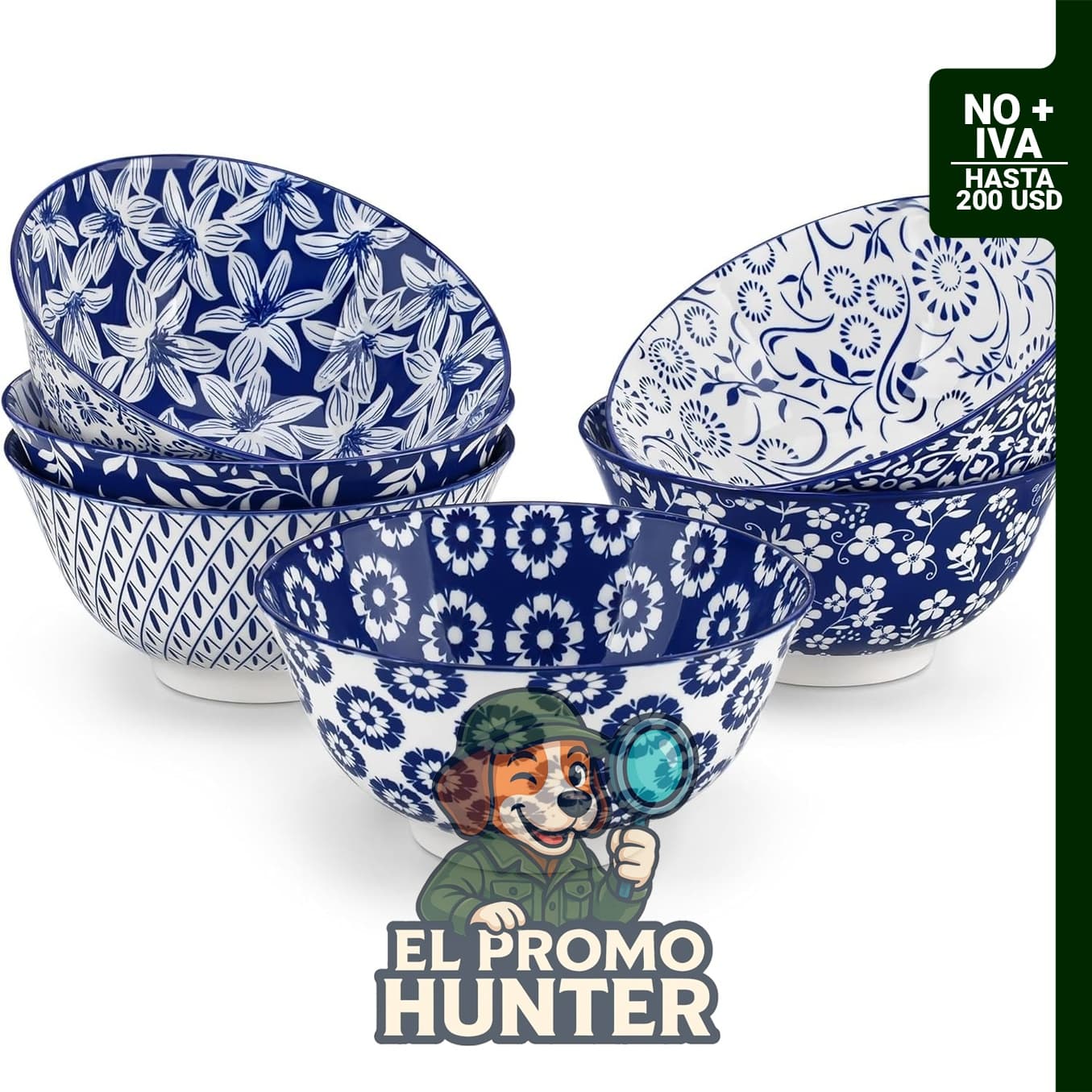 Set de 6 cuencos de cerámica de 710 ml, aptos para lavavajillas y microondas, diseño floral azul y blanco.