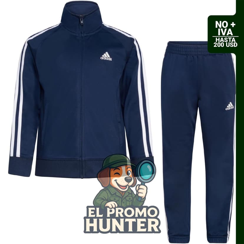 Conjunto deportivo adidas Tricot para niño, incluye chaqueta y pantalón jogger.