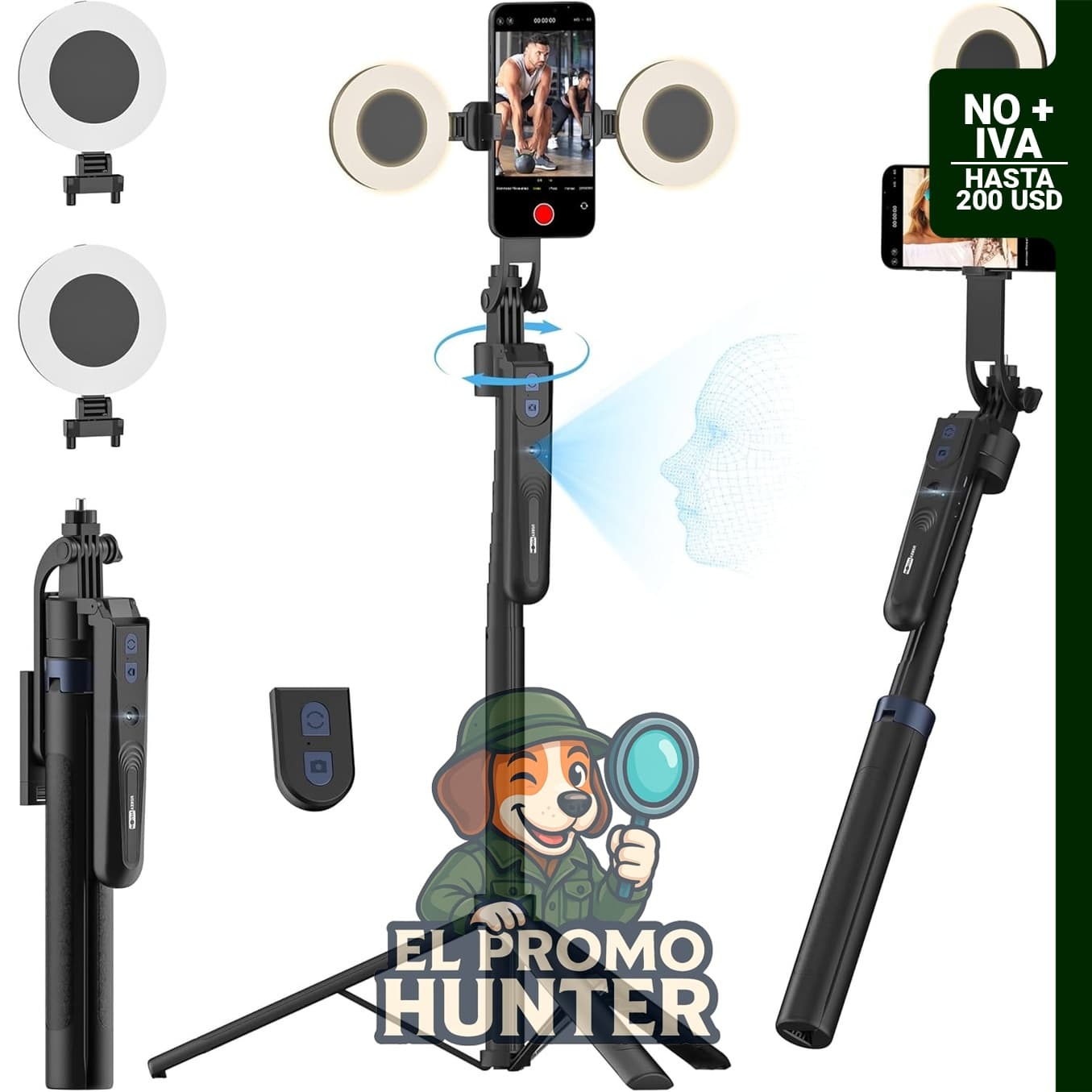 Trípode de seguimiento facial automático con rotación de 360°, compatible con iPhone y Android, incluye luz LED y control remoto.