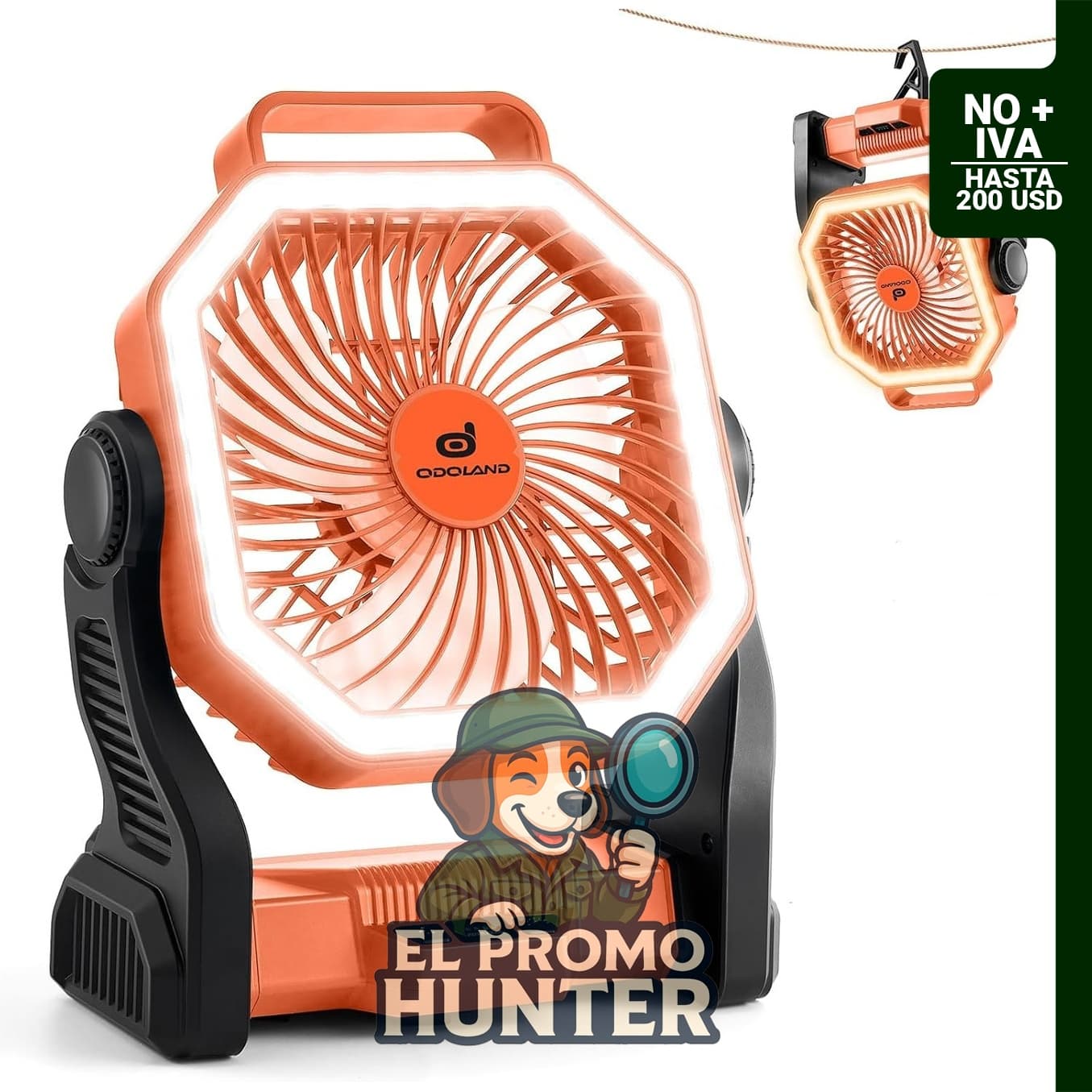 Ventilador de camping recargable Odoland de 20000 mAh con linterna LED, 4 velocidades y luz oscilante.