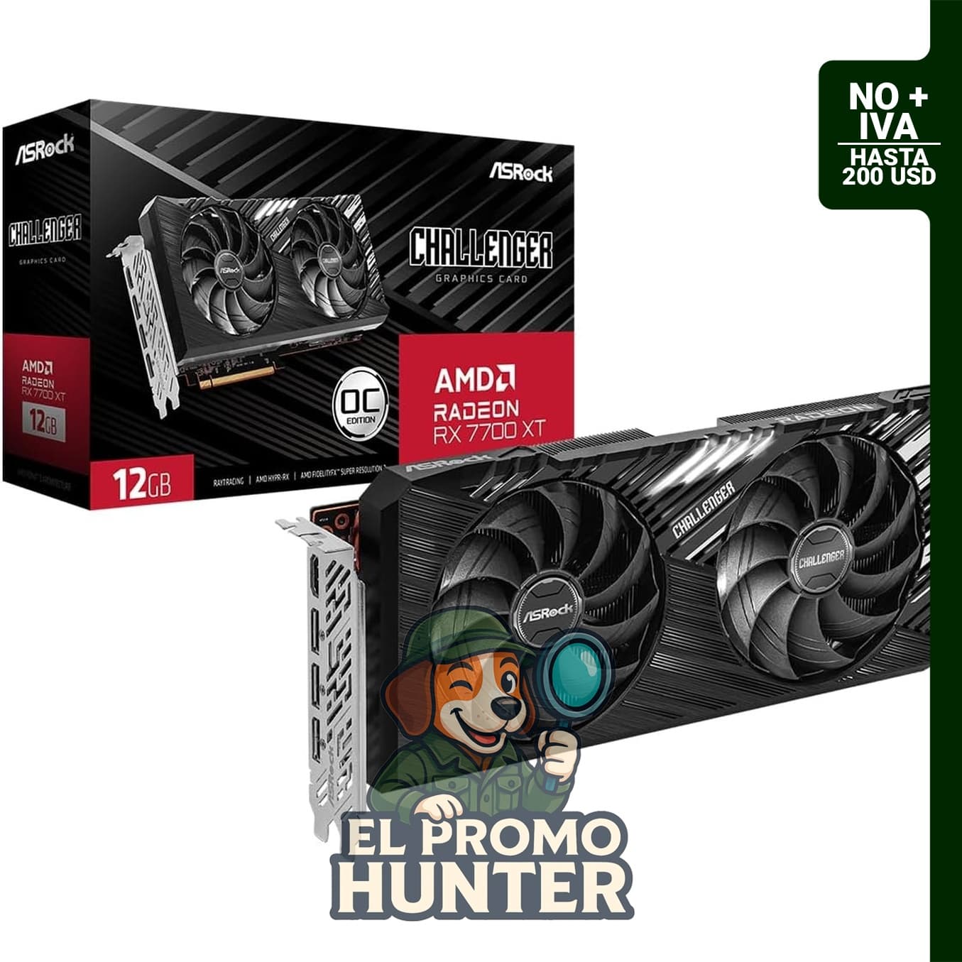 Tarjeta gráfica ASRock AMD Radeon RX 7700 XT Challenger de 12GB GDDR6, 192 bits, con enfriamiento silencioso y soporte para resoluciones de hasta 7680 x 4320.