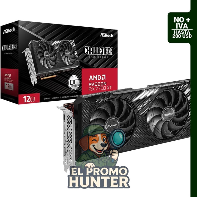Tarjeta gráfica ASRock AMD Radeon RX 7700 XT Challenger de 12GB GDDR6, 192 bits, con enfriamiento silencioso y soporte para resoluciones de hasta 7680 x 4320.