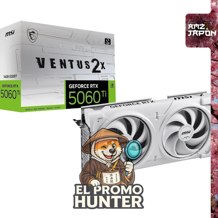 Tarjeta gráfica MSI GeForce RTX 5060 Ti 8G VENTUS 2X OC WHITE PLUS con 8 GB de memoria GDDR6.