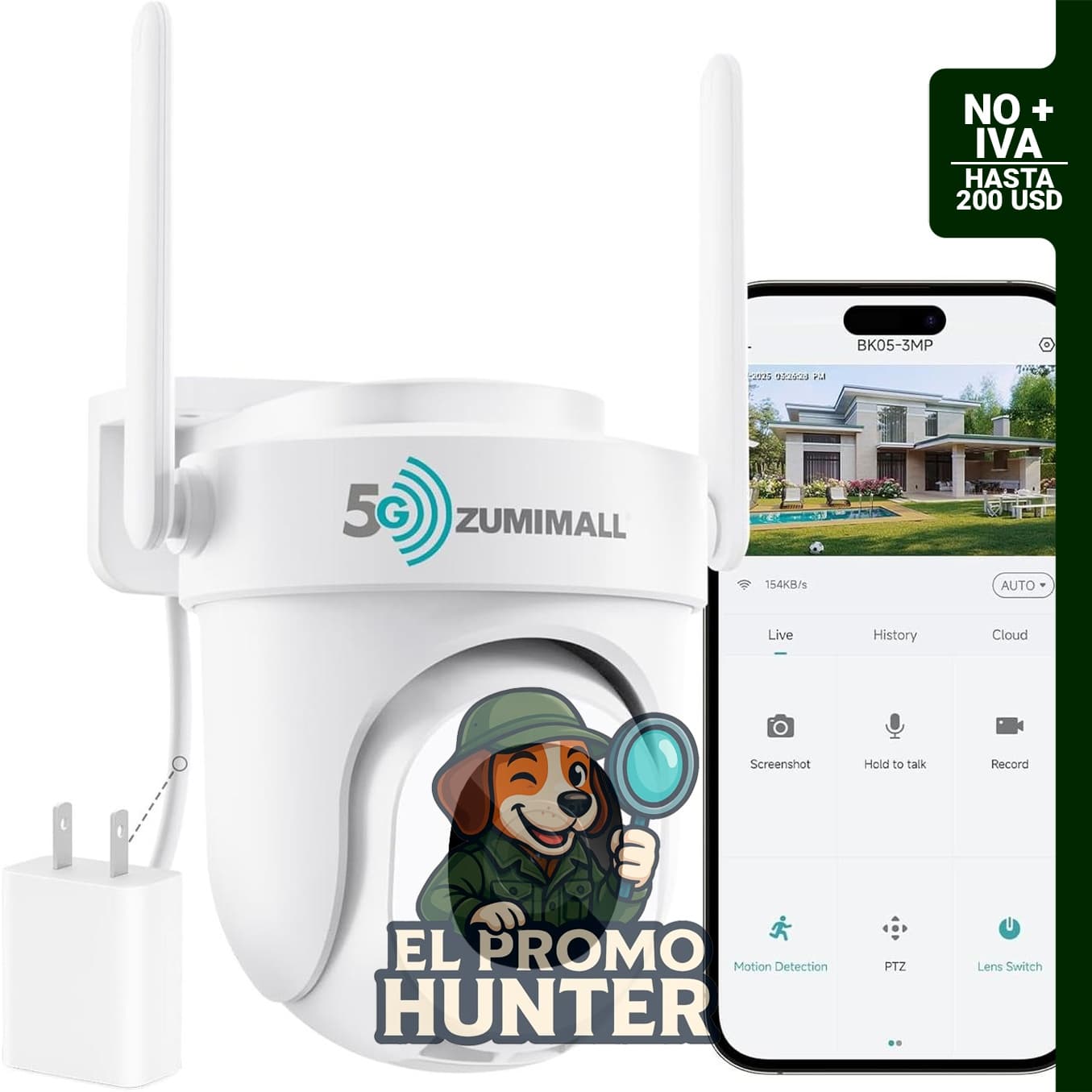 Cámara de seguridad ZUMIMALL de 3 MP para exteriores con seguimiento automático y grabación 24/7.