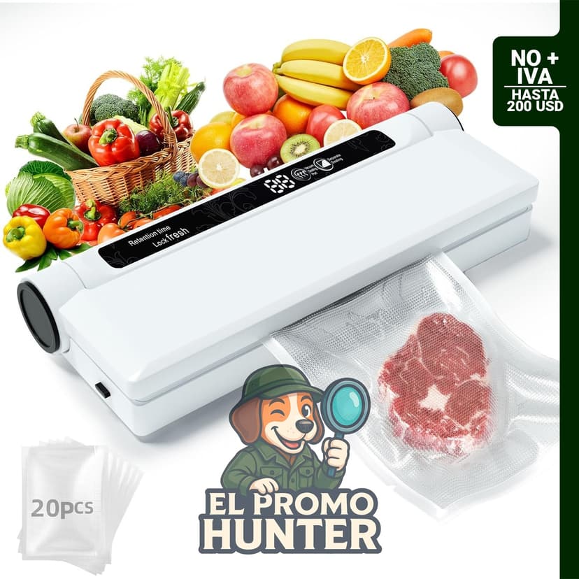 Sellador al vacío compacto para alimentos con succión de 75 KPA y pantalla LED digital.
