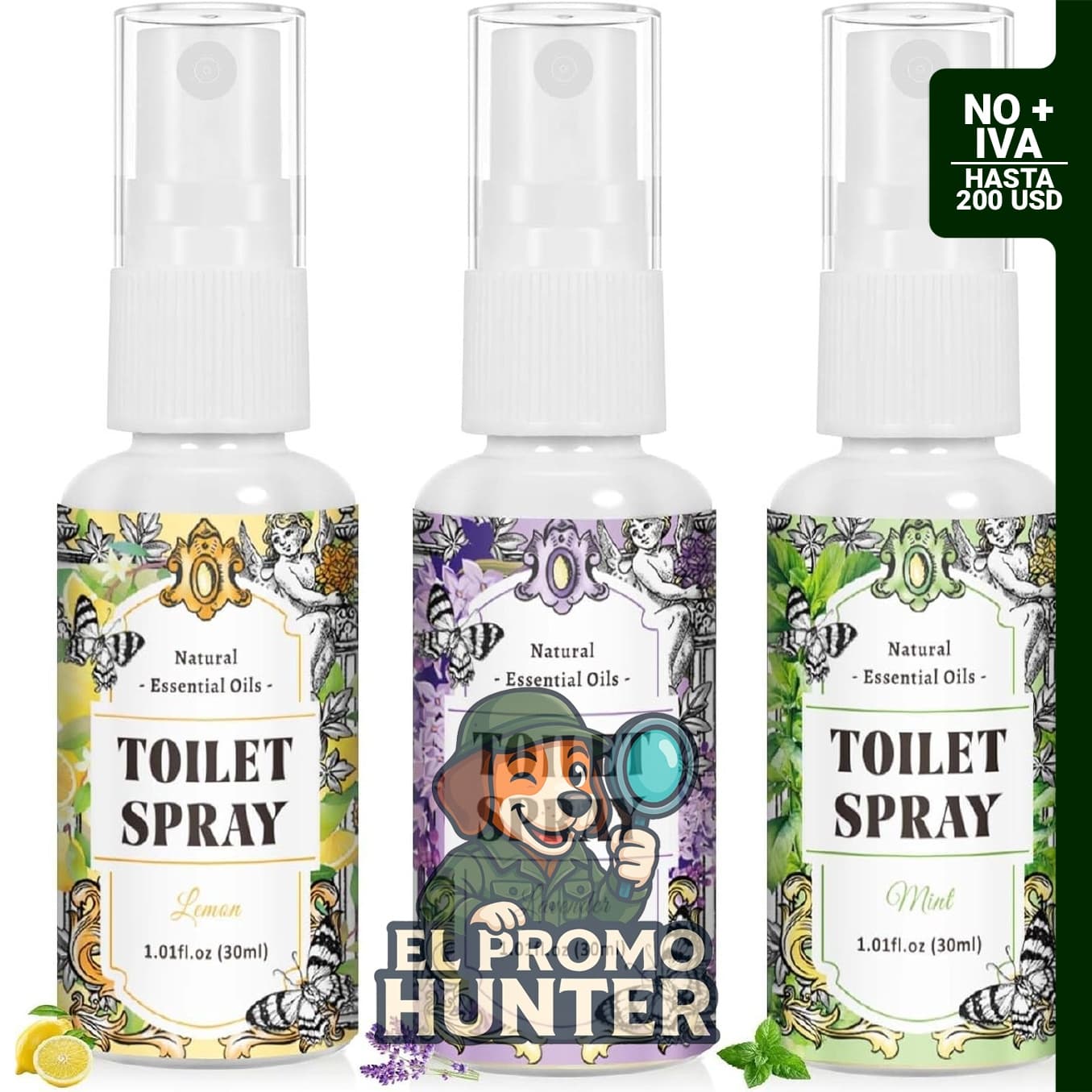 Aerosol desodorizador para inodoro, paquete de 3 unidades, aromas de limón, menta y lavanda.