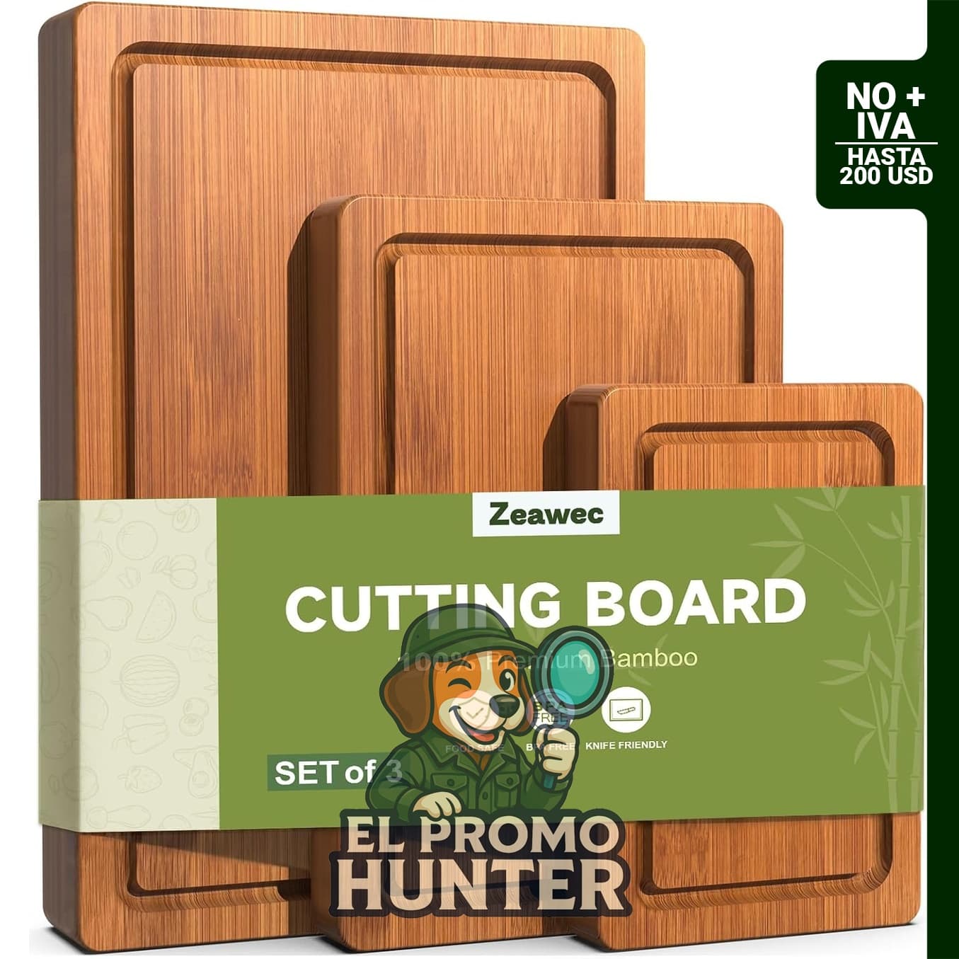 Juego de 3 tablas de cortar de bambú carbonizado, resistentes a grietas, con surcos para jugos.