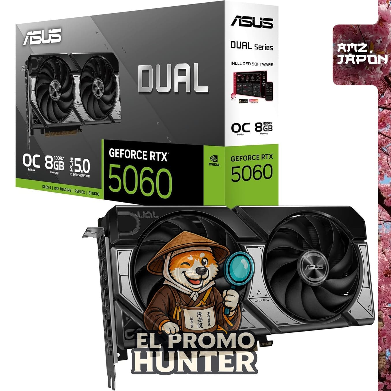 Tarjeta gráfica ASUS DUAL GeForce RTX 5060 con 8 GB GDDR7, modelo DUAL-RTX5060-O8G.