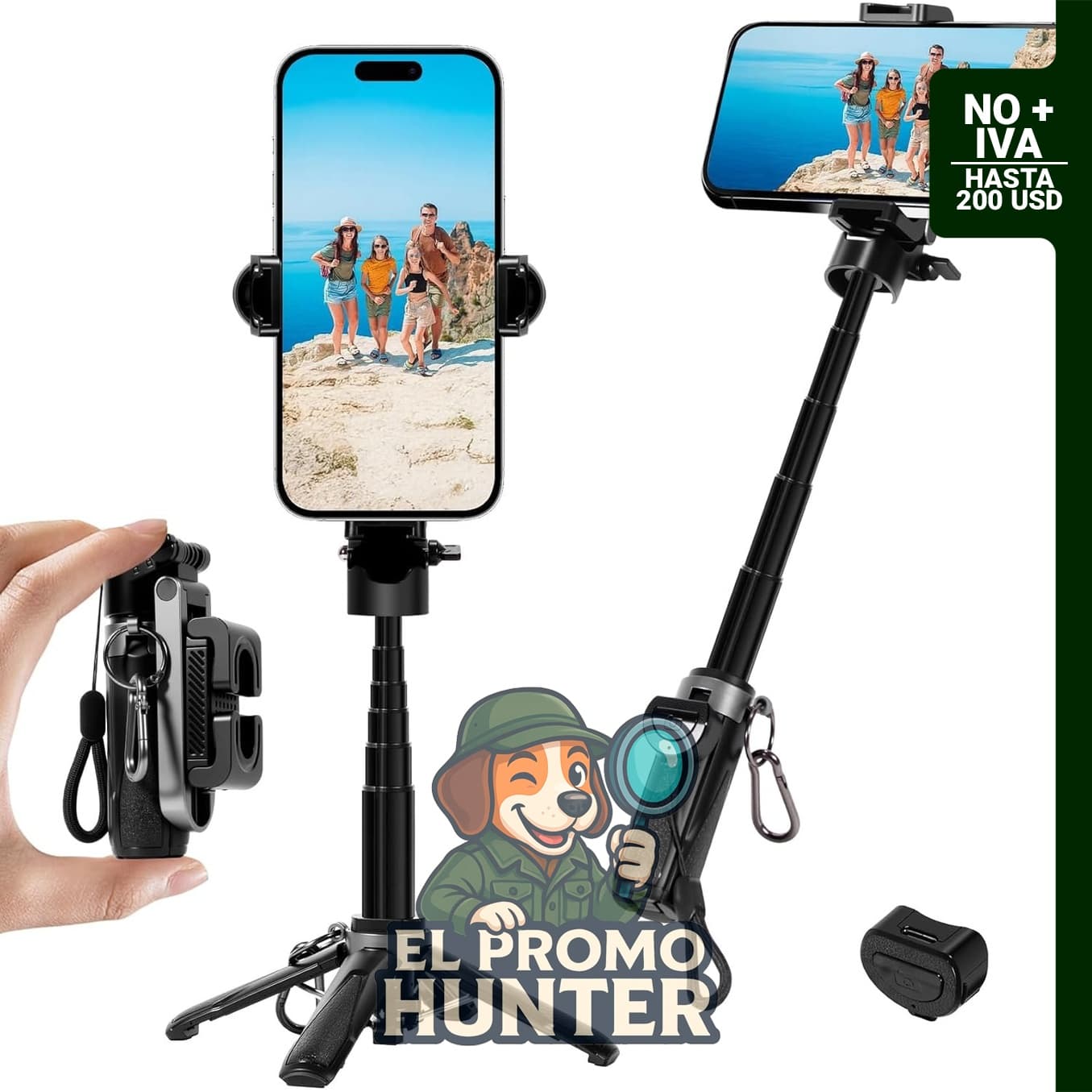 Mini trípode 3 en 1 y palo selfie, compatible con teléfonos iOS/Android de 4 a 7 pulgadas.