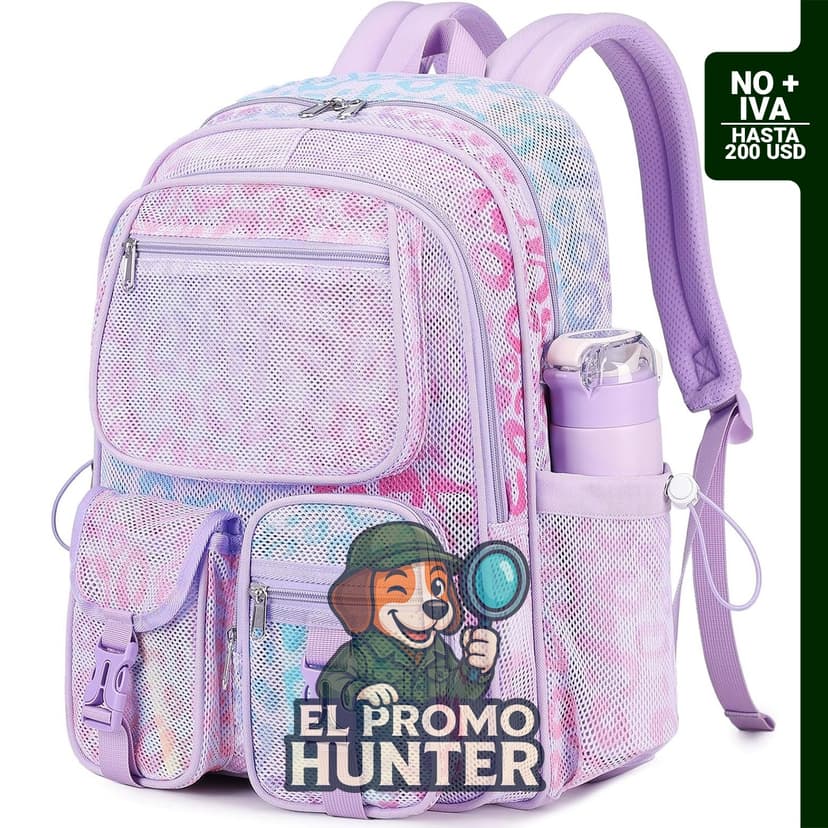 Mochila de malla semitransparente para niñas, color púrpura (Purple Leopard), adecuada para playa y deportes.