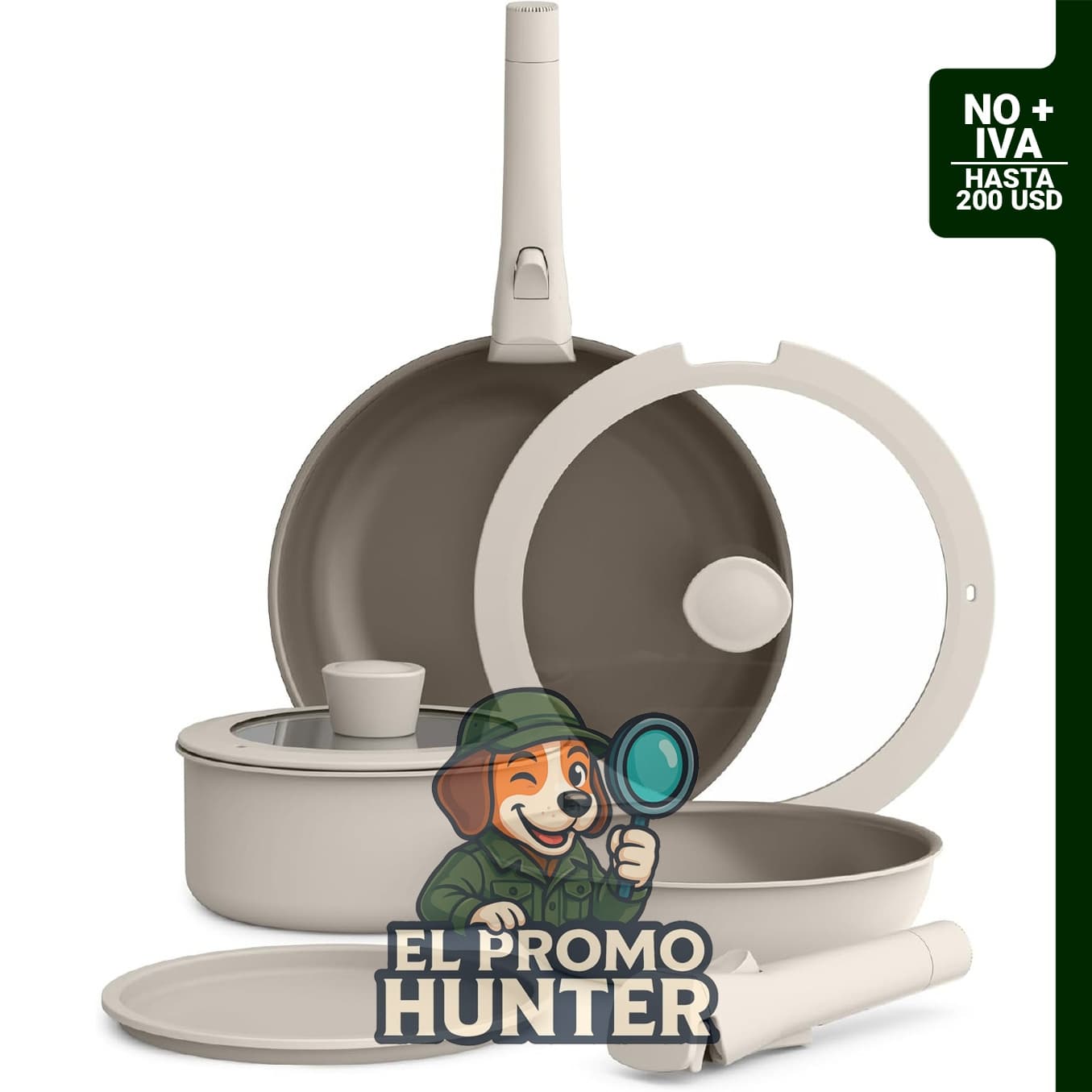 Juego de 8 piezas de utensilios de cocina con revestimiento antiadherente de cerámica y mangos removibles.