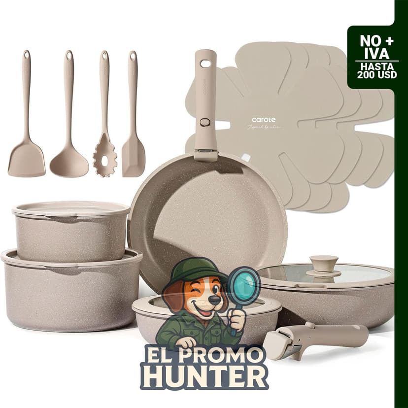 Juego de 19 piezas de ollas y sartenes antiadherentes, apto para inducción y horno, con mango desmontable.