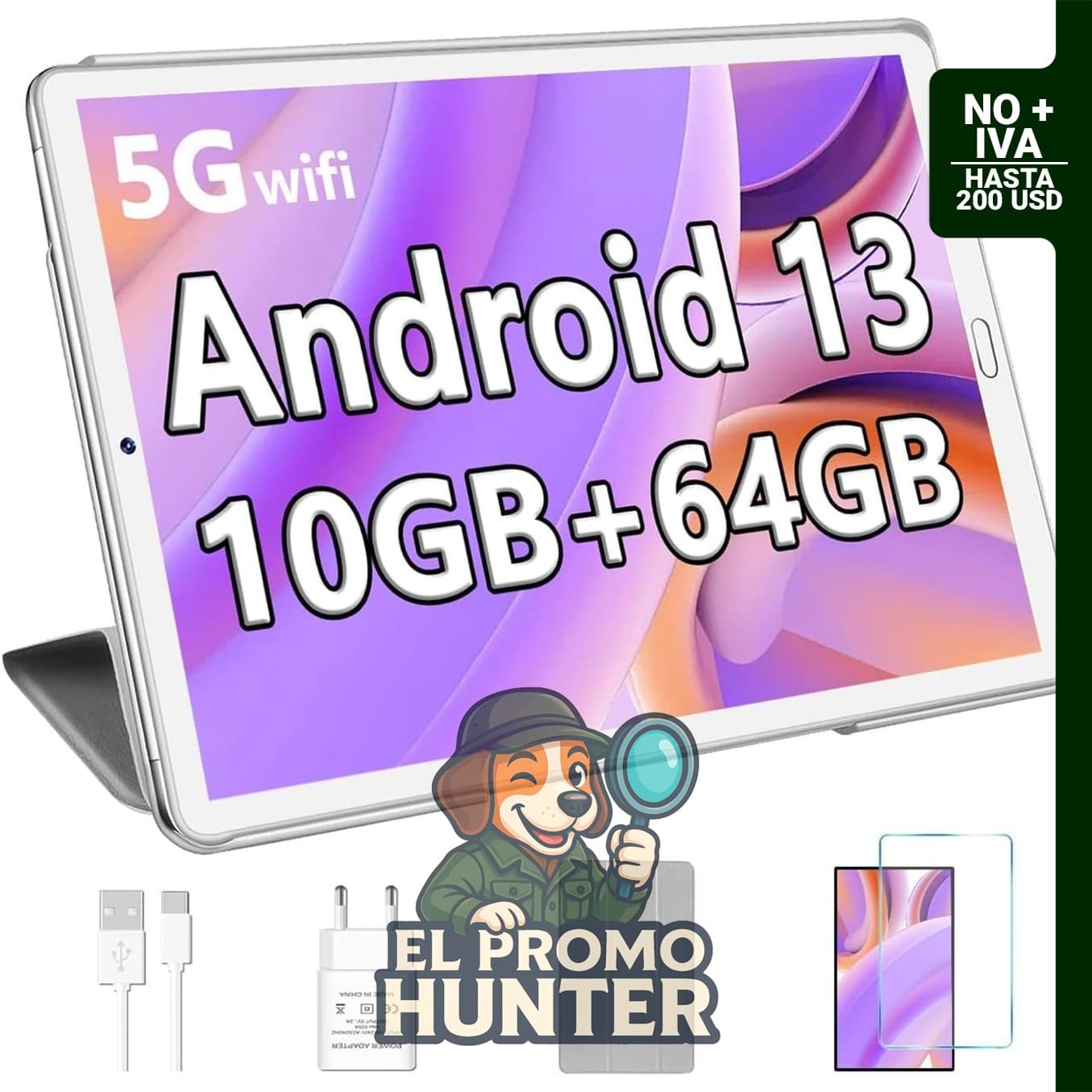 YESTEL Tablet Android 13 de 10.1" (25.4 cm), procesador Octa-Core, 10 GB RAM, 64 GB ROM (ampliable a 1 TB), cámara dual 5 MP + 8 MP, WiFi 5G, Bluetooth 5.0, GPS, incluye funda.