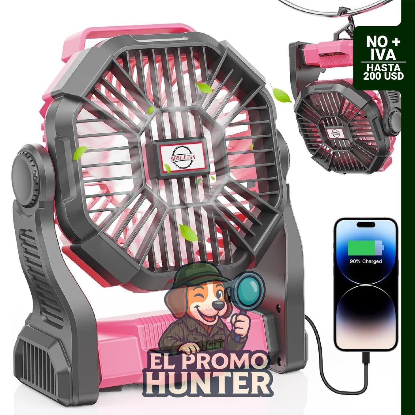 Ventilador portátil de 20,000 mAh con luz LED, operado por batería, diseñado para camping y viajes.