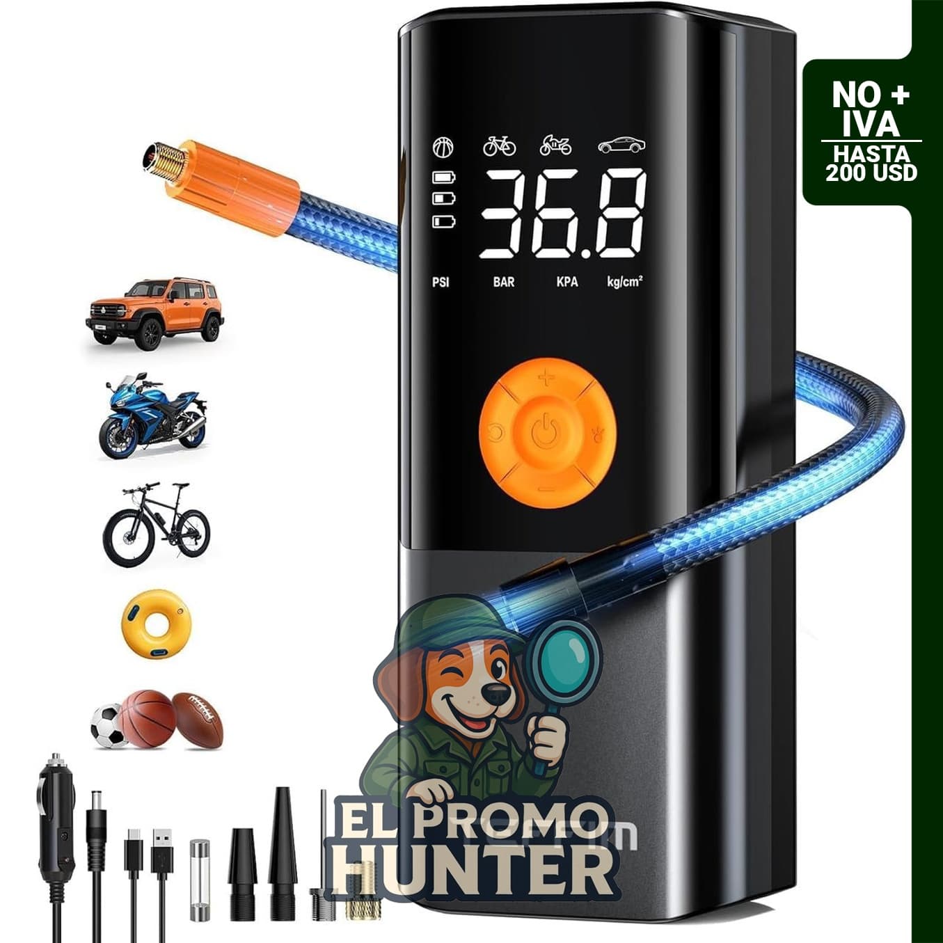 Inflador de neumáticos portátil, compresor de aire para automóvil y bicicletas, incluye medidor de presión.