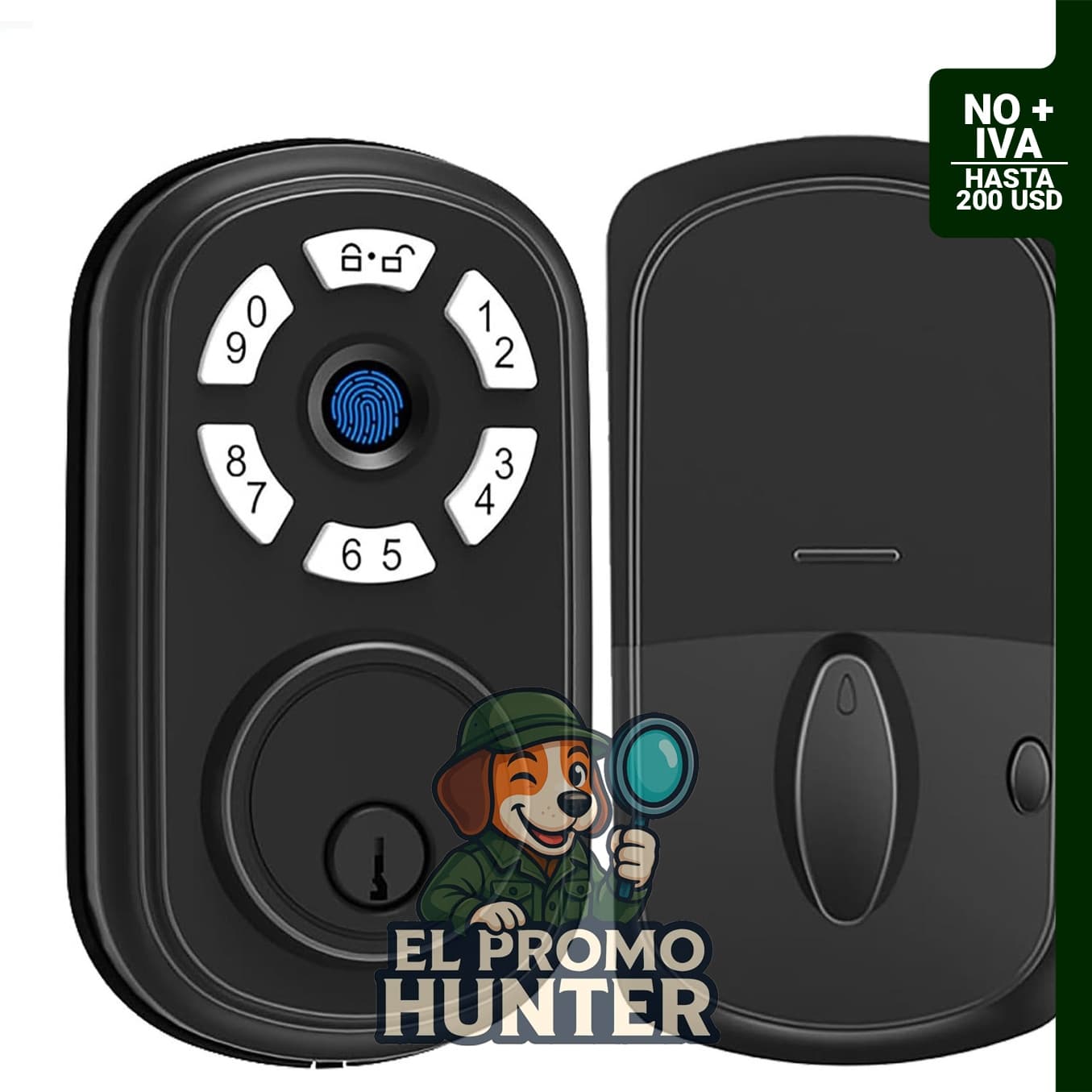 Cerradura de puerta inteligente con acceso biométrico, teclado y llave mecánica.
