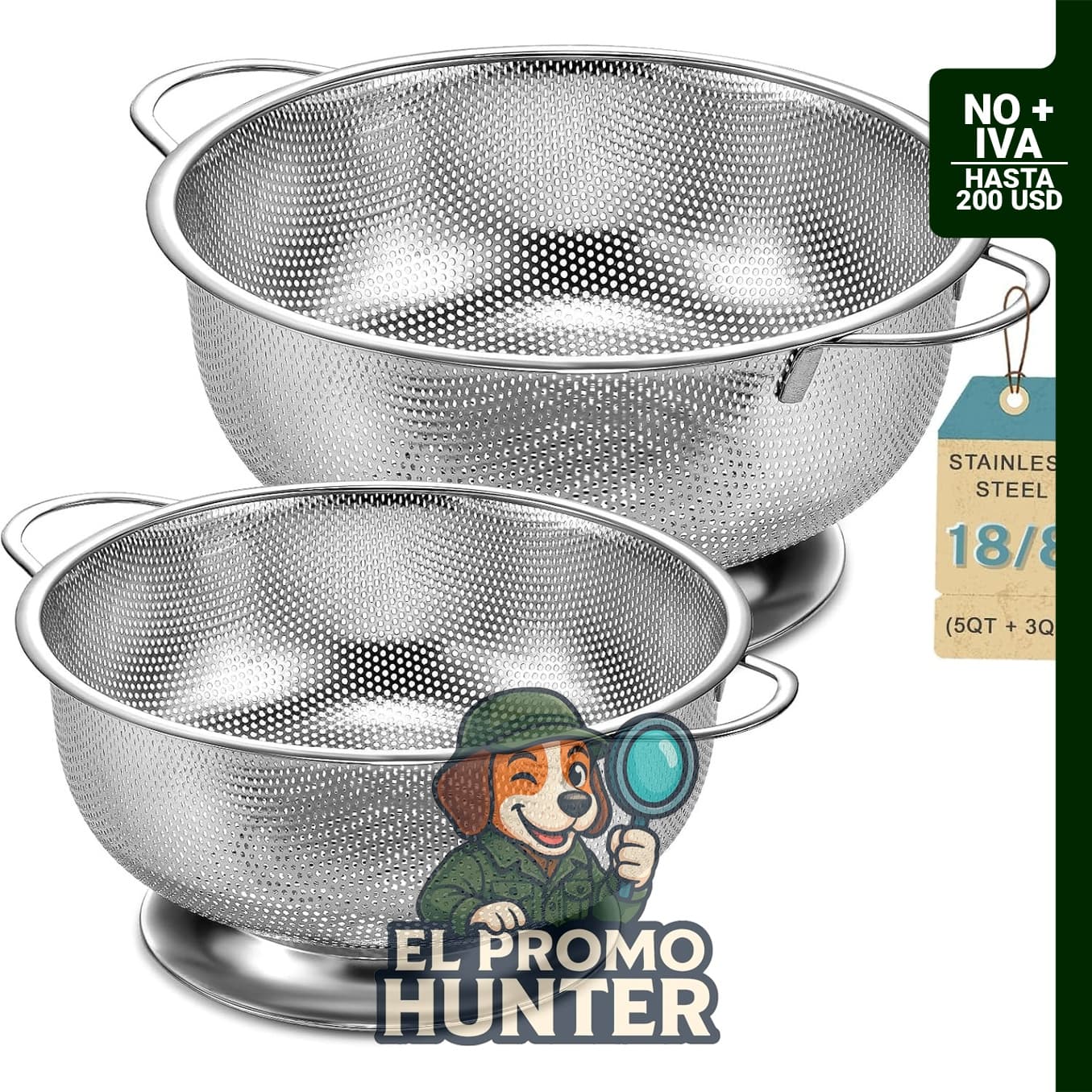Colador de acero inoxidable de 5 qt (4.73 L) y 3 qt (2.84 L) con asa, apto para pasta, verduras y frutas.