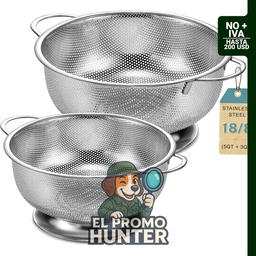Colador de acero inoxidable de 5 qt (4.73 L) y 3 qt (2.84 L) con asa, apto para pasta, verduras y frutas.