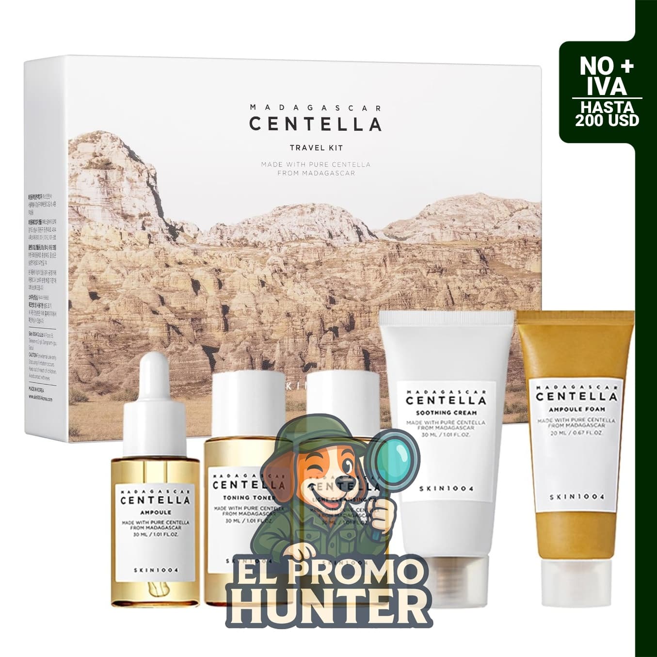 Kit de viaje Centella de SKIN1004, incluye tónico, suero, limpiador facial, gel de limpieza y crema hidratante.