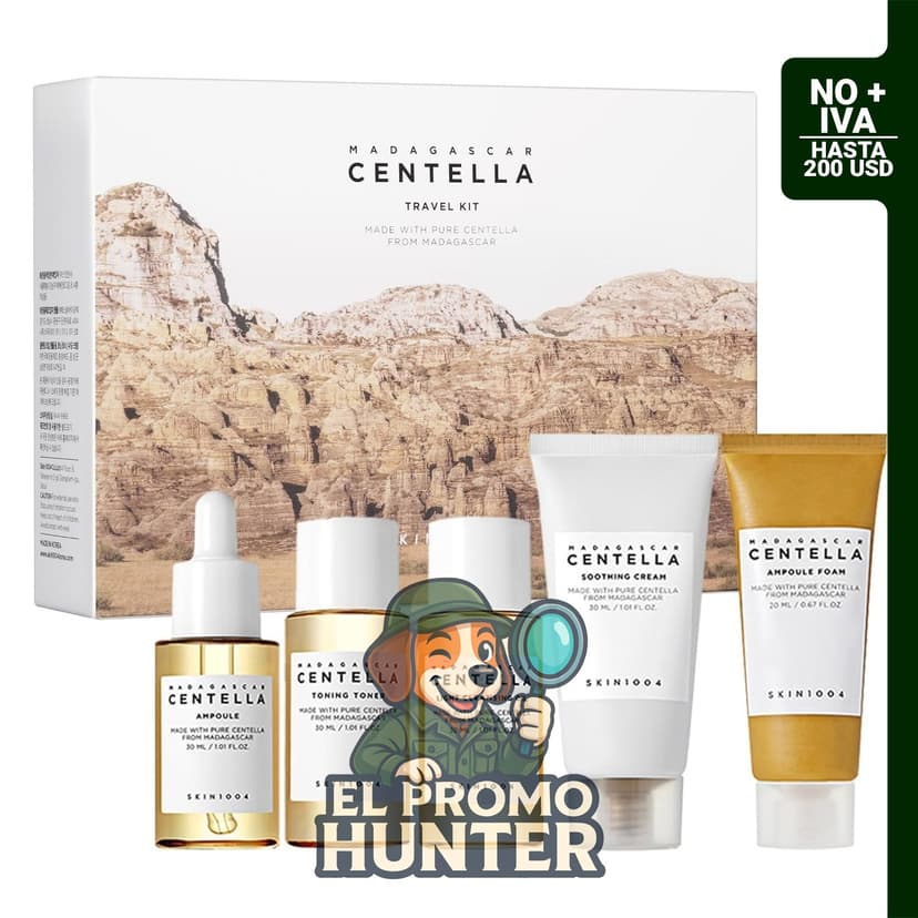 Kit de viaje Centella de SKIN1004, incluye tónico, suero, limpiador facial, gel de limpieza y crema hidratante.