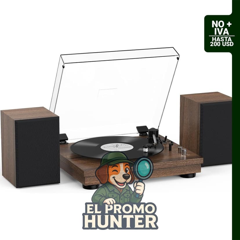 Reproductor de discos de vinilo con altavoces estéreo de 24 W, Bluetooth y transmisión por correa de 2 velocidades.