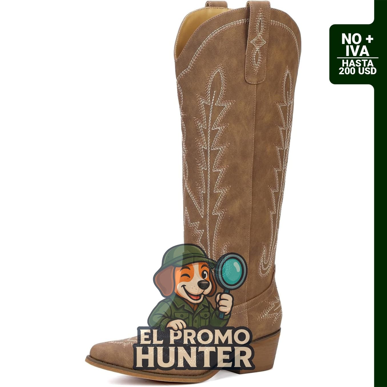 Botas vaqueras para mujer, hasta la rodilla, con bordado y cremallera lateral.