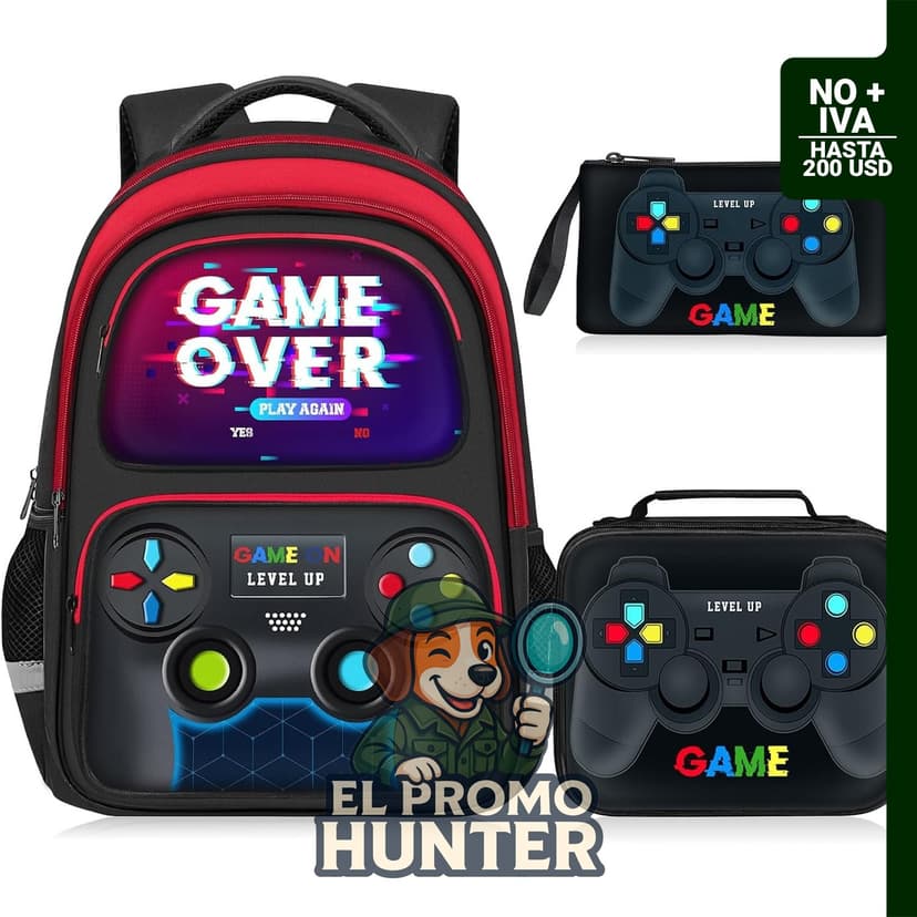 Mochila escolar de 3 piezas con lonchera, diseño de videojuegos, 17" (43 cm) para niños y adolescentes.