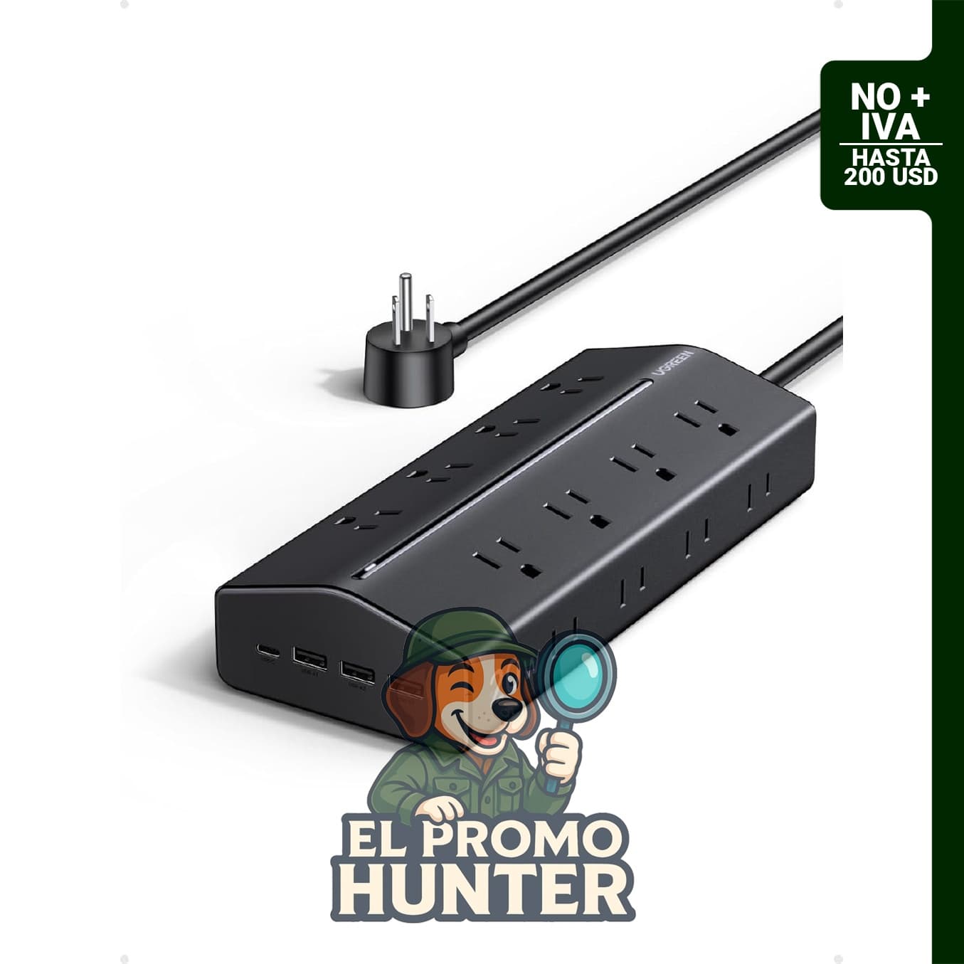 Tira de alimentación UGREEN de 20 en 1 con 16 tomas AC, 1 USB-C (20W) y 3 USB-A, cable de 1.5 m.