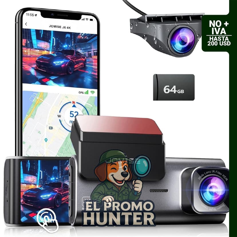 Cámara de tablero dual 4K frontal y trasera con pantalla táctil, GPS y Wi-Fi integrado.