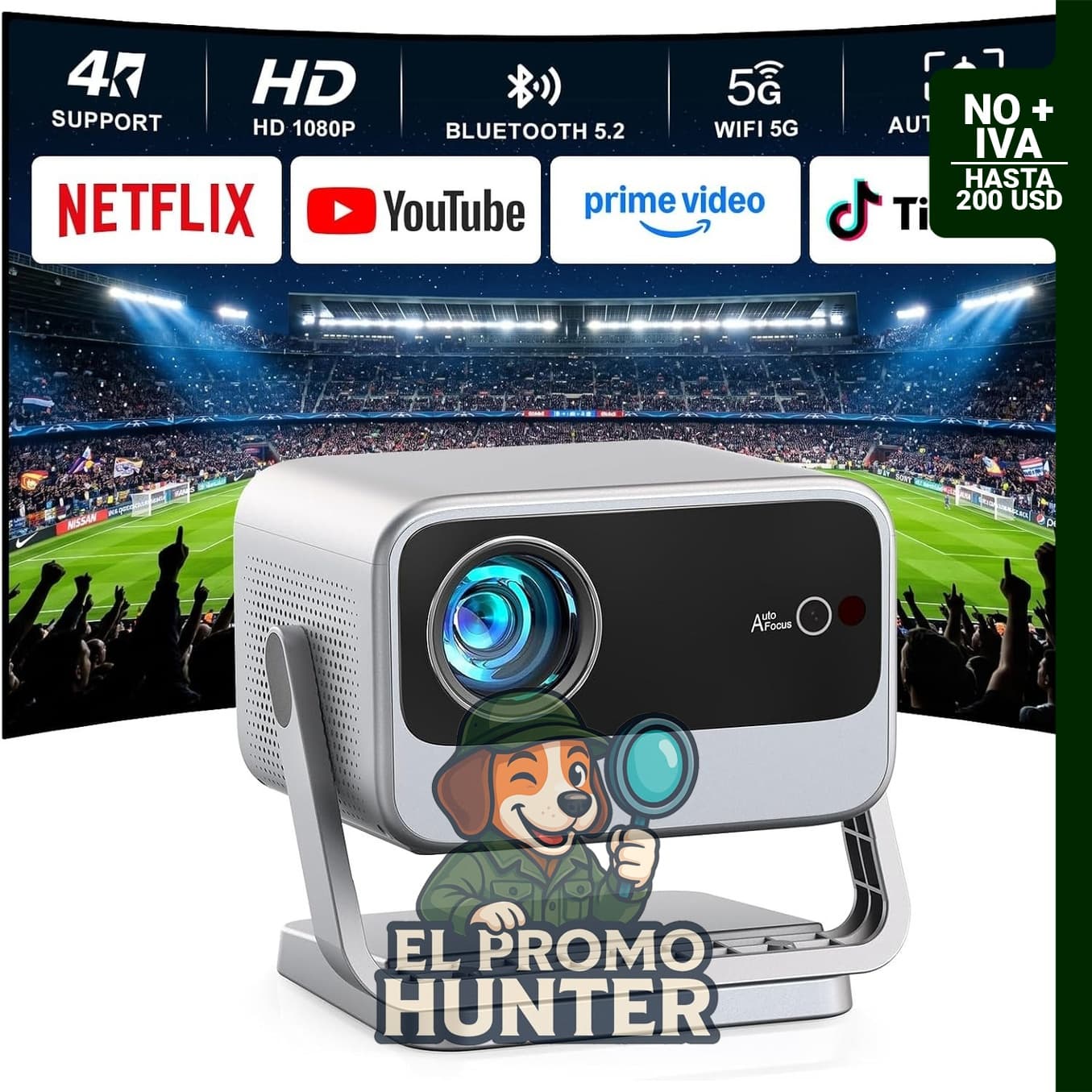 Proyector 4K con WiFi y Bluetooth, autoenfoque y corrección trapezoidal, soporte ajustable para uso en interiores y exteriores 4600 ANSI + 4K HDR