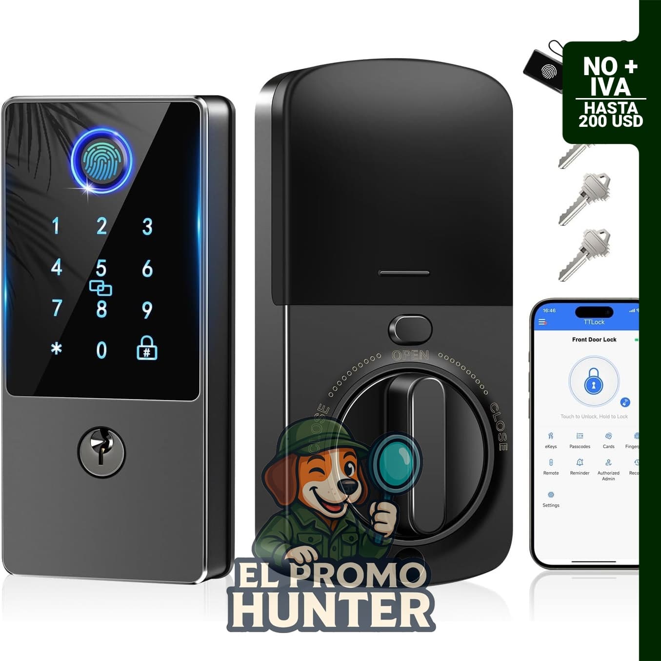 Cerradura inteligente de entrada sin llave con huella dactilar y teclado, control por app, bloqueo automático.