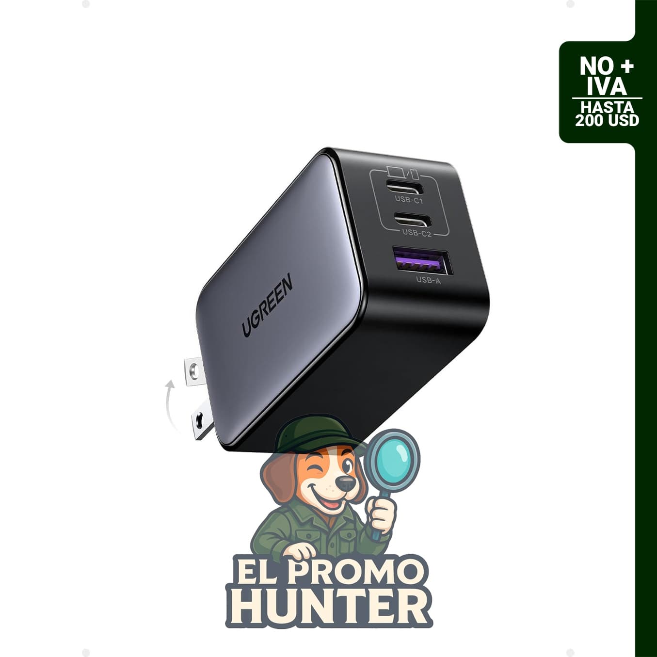 Cargador de pared UGREEN Nexode GaN de 65W con 3 puertos y enchufe plegable.