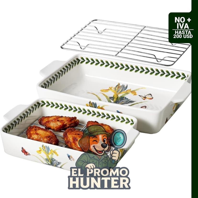 Set de fuentes de cerámica para horno de 4 piezas con rejillas, incluye bandejas de 33 x 20 cm y 26.2 x 16 cm.