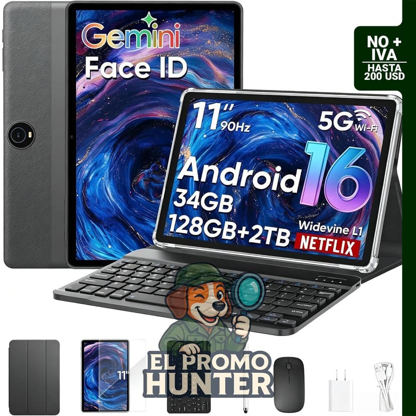 Tablet Android 16 de 11" con teclado, 34GB + 128GB, expansión hasta 2TB, procesador Octa-Core a 2.2 GHz, pantalla IPS de 90Hz, batería de 8000mAh, WiFi 6 y GPS.