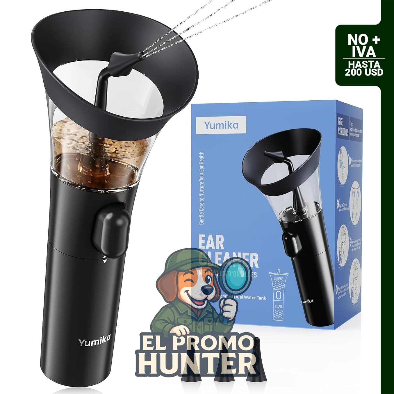 Kit manual para limpieza de oídos con potente flujo de agua y punta de silicona suave.