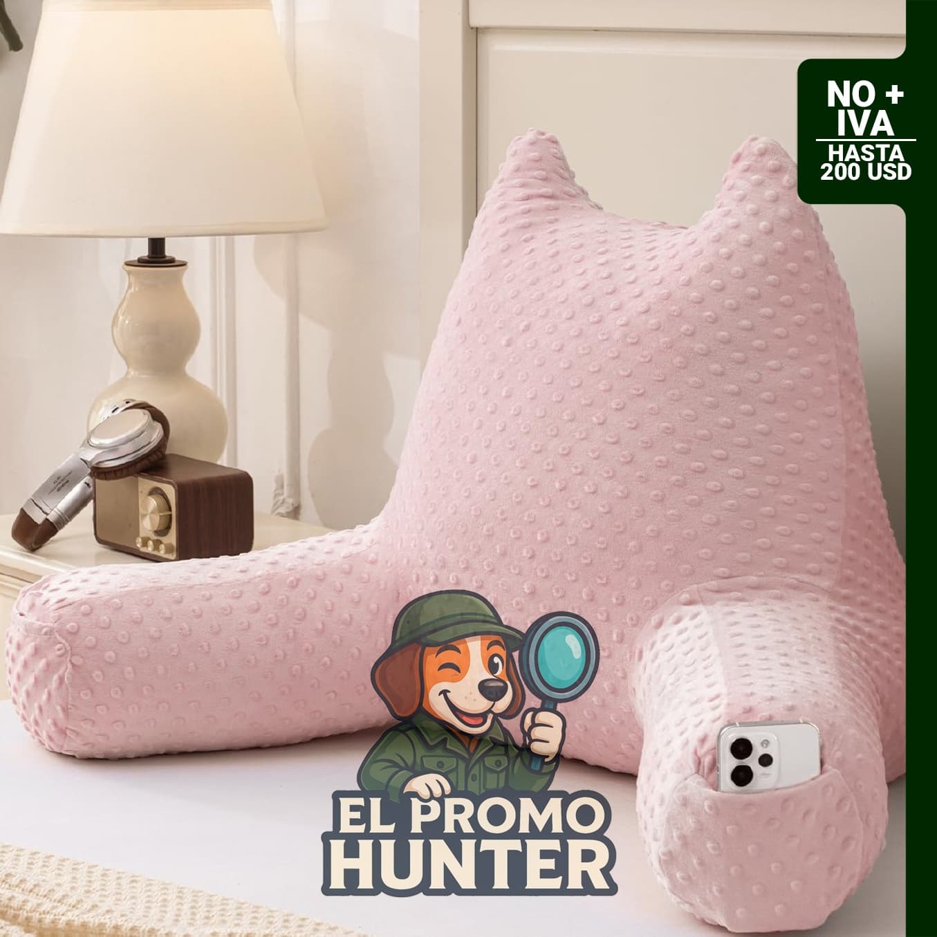 Almohada de lectura de 48 cm con brazos y bolsillos, soporte para la espalda al sentarse en la cama o sofá.