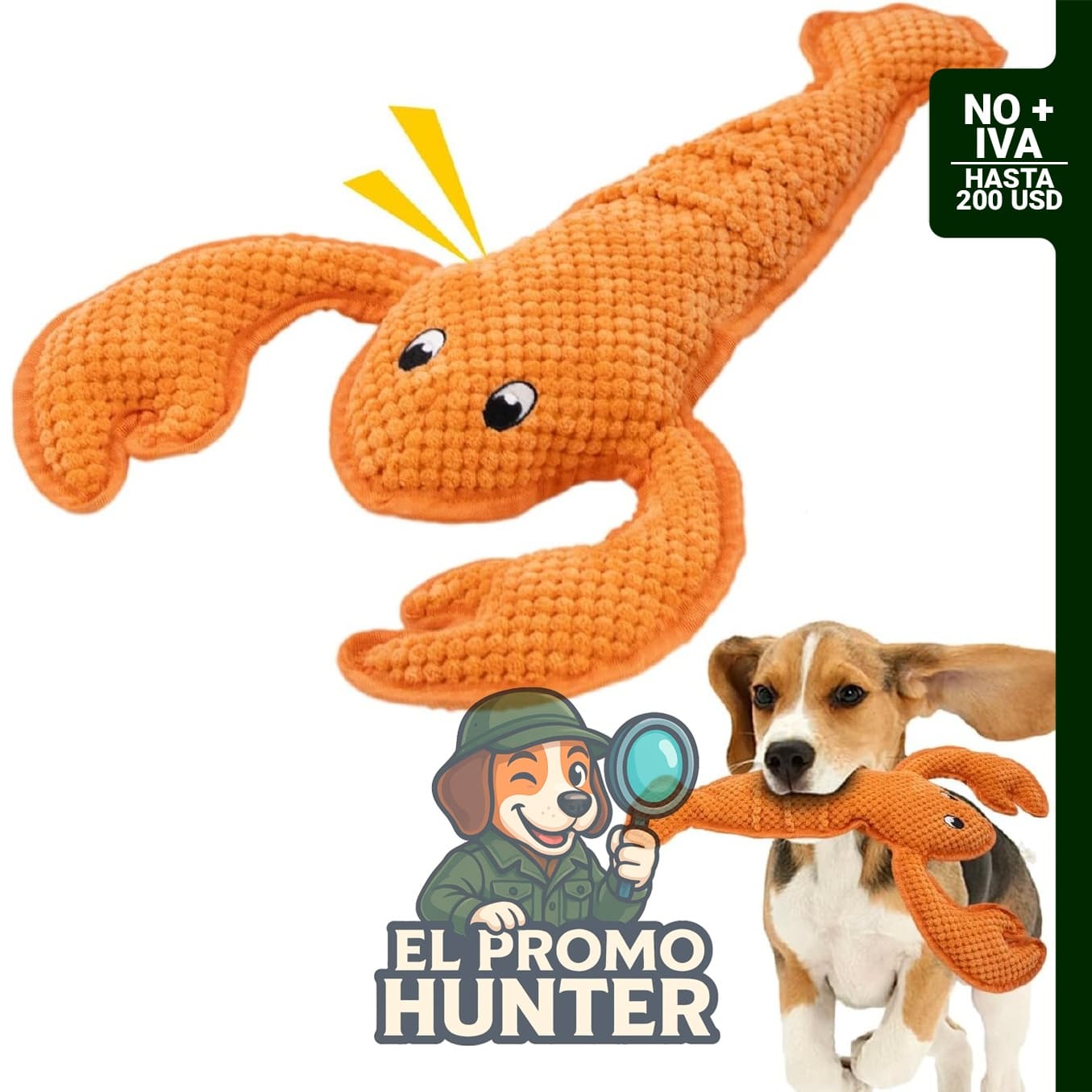Juguete chirriante de langosta para perros, sin relleno.