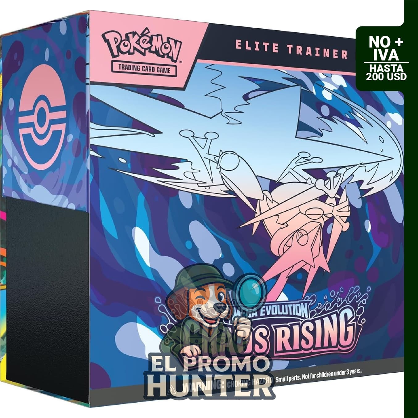 Caja Elite de Pokémon TCG: Mega Evolution—Chaos Rising, incluye cartas y accesorios para juego.