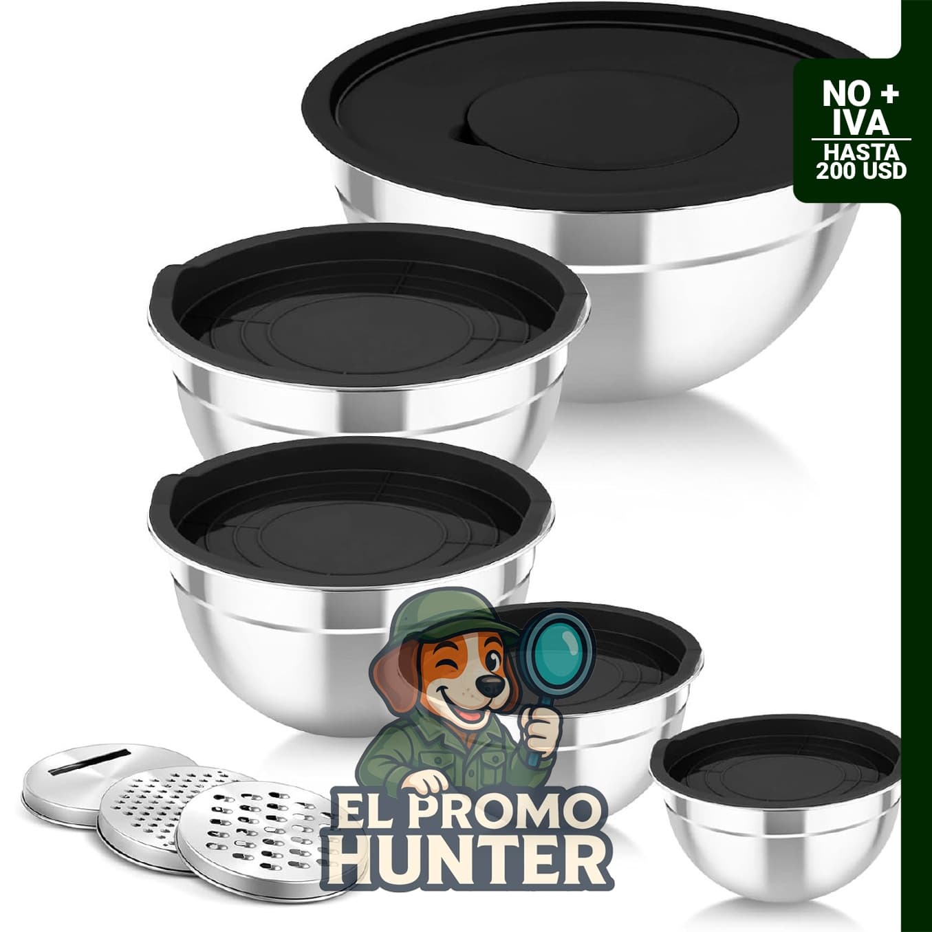 Set de cuencos de mezcla de acero inoxidable con tapas herméticas, 5 piezas y 3 accesorios de rallador.