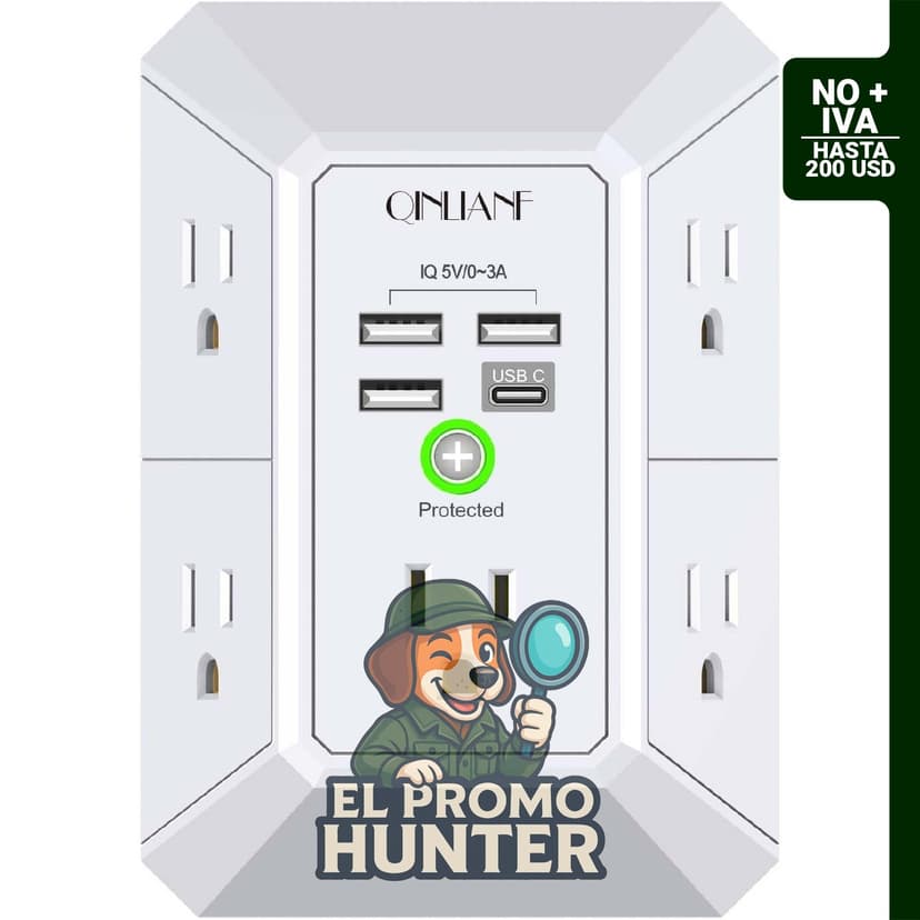 Extensor de 5 tomas de corriente con 4 puertos USB, 1680 Joules, adaptador de enchufe múltiple de 3 lados.