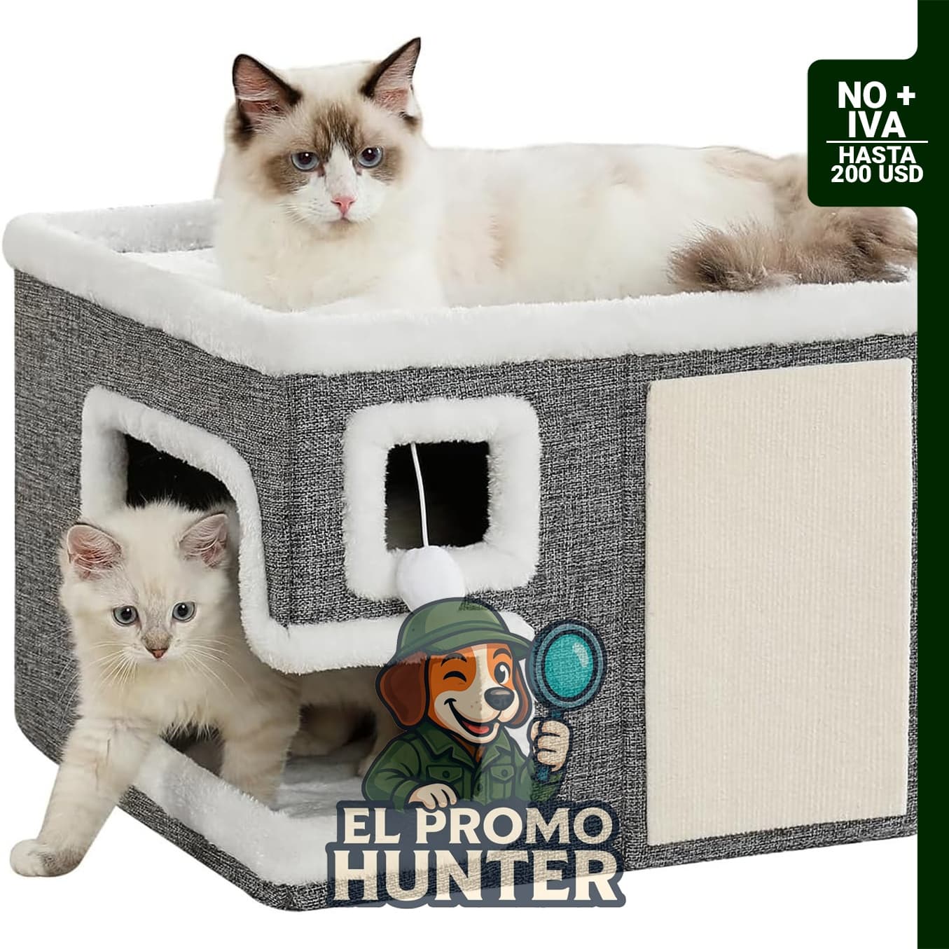 Cueva cubierta para gatos con almohadilla para rascar y bola esponjosa, plegable, tamaño grande (42 cm x 42 cm x 33 cm).
