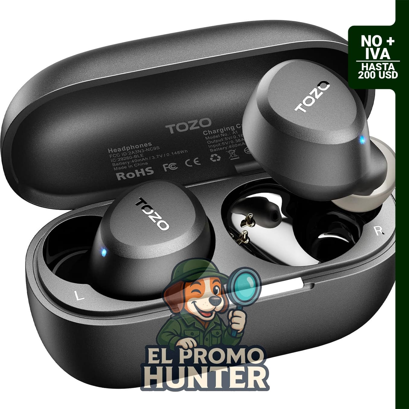 Auriculares inalámbricos TOZO A1 con Bluetooth 5.3, resistencia al agua IPX5 y 2 micrófonos para llamadas.