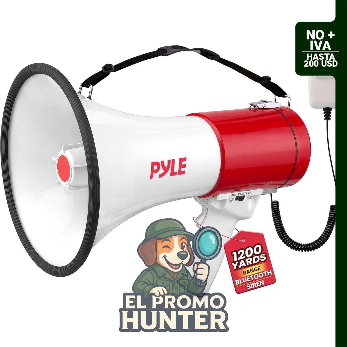 Megáfono portátil Pyle PA con sirena, control de volumen de 50 W y rango de 1,100 m.