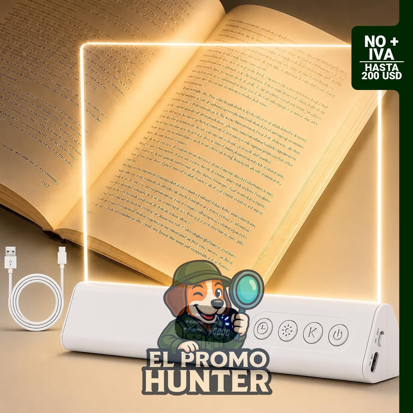 Luz de lectura recargable de 2500 mAh, con 3 colores regulables y temporizador.
