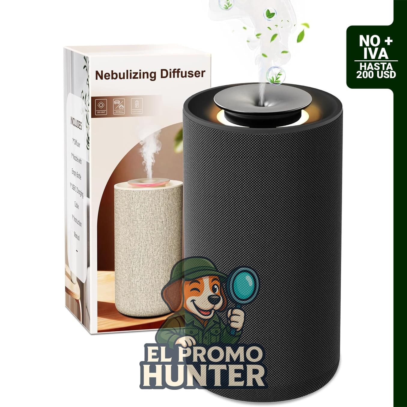 Difusor de aceite esencial sin agua, portátil e inalámbrico, con luz ambiental y modos 2 en 1.